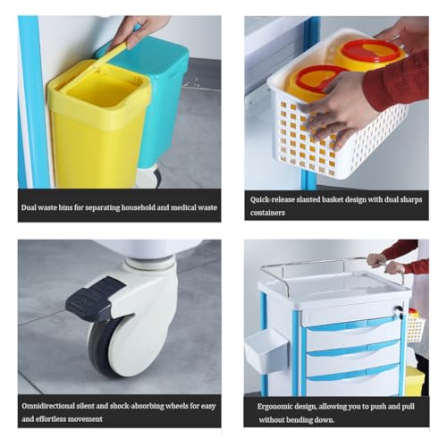 Carrello di rotolamento con ruote e cassetti, Carrello mobile ABS per & Clinica, Soluzione di stoccaggio infermieristico,,