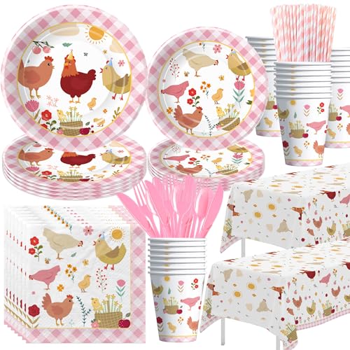 Suhelkit Chicken Party Decorations Tableware for Birthday Baby Shower Farm Animal Barnyard Little Chick Birthday Party Supplies Plate Cup Napkin Straws Disposable Cutlery Tablecloth 24 Guests