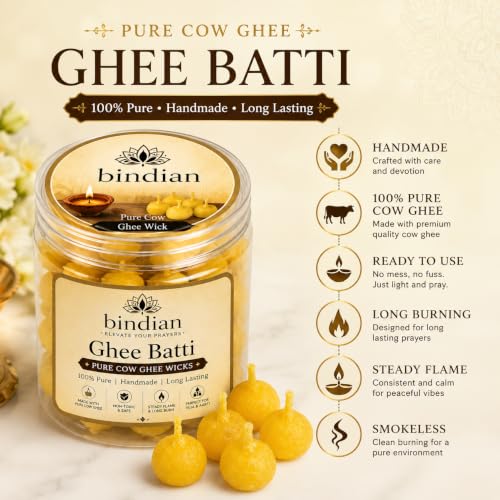 Image of Bindian Pure Cow Ghee Batti for Puja Pack of 200 | Ready to Use Handmade Cotton Ghee Wicks | Long Burning Diya Batti for Mandir, Daily Worship, Aarti & Religious Festivals