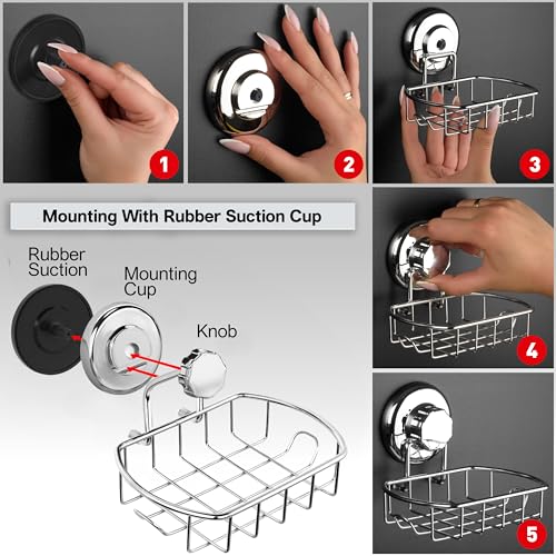 HASKO Suction Soap Dish with Hooks | Powerful Vacuum Suction Cup Soap Holder | Soap Basket Holder for Bathroom & Kitchen (Polished Stainless Steel SS304)
