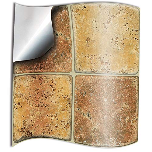 (NTP 08)  4"  Azulejos cuadrados, aspecto realista, se transfiere directamente desde el fabricante: adhesivos estilo azulejo, sin intermediario., plástico, Piedra crema y marrón., 4"x4" - Pack of 24