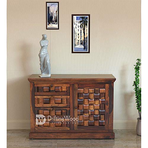 Image of DRIFTINGWOOD Solid Sheesham Wood Sideboard Tv Cabinet for Living Room | Free Standing Movable Tv Unit Side Board Table with 4 Drawer & Door Cabinet Storage Furniture for Home | Honey