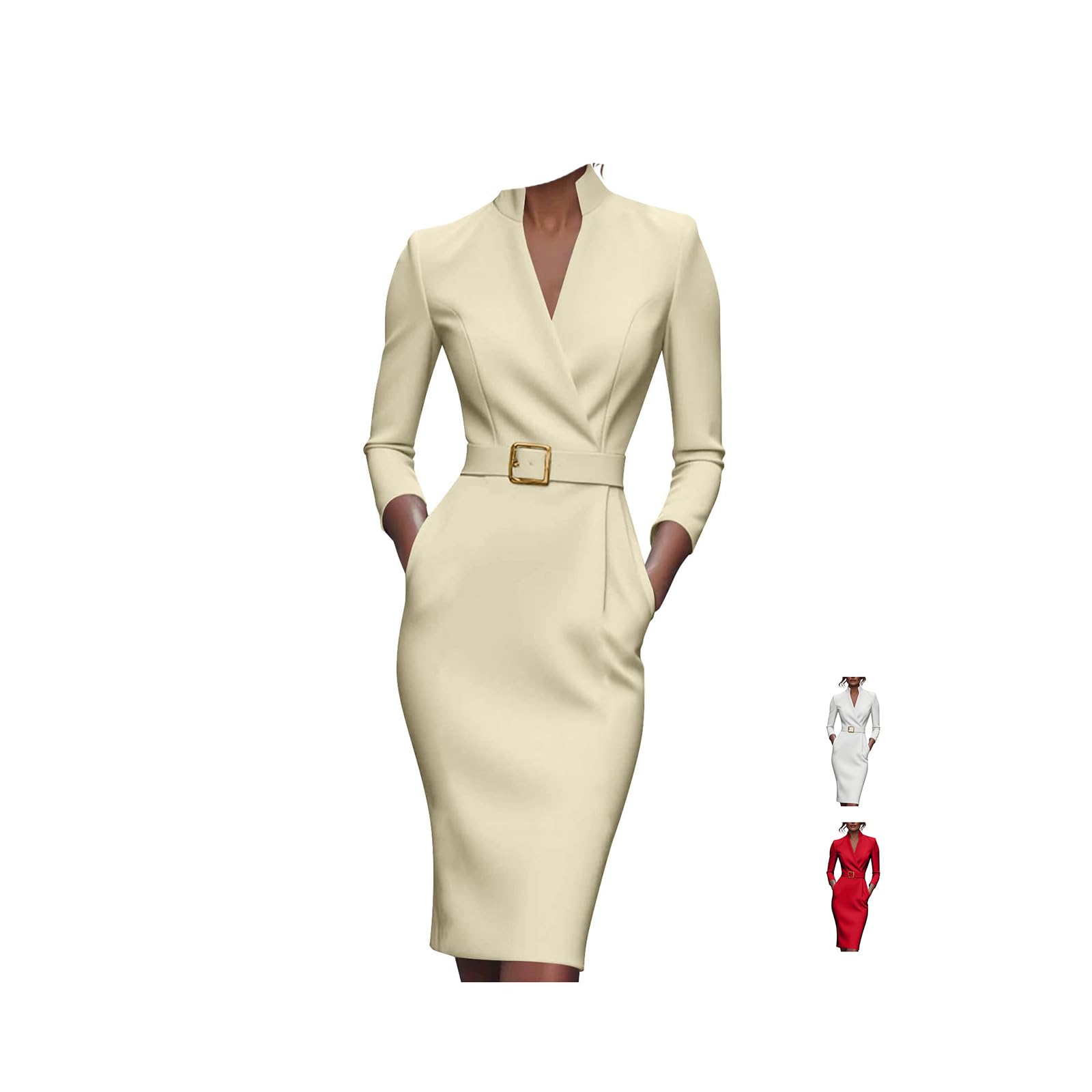 Retro Dress for Women Belted Sheath Dress Mandarin Collar Elegant V Neck Long Sleeve Slim Fit for Professional