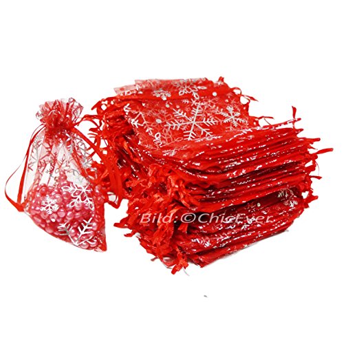 100x Schmuckbeutel 12cmx17cm Schmuck Etui Geschenk Verpackung Organza Säckchen rot Weihnachtsmotiv Schneeflocken Cover