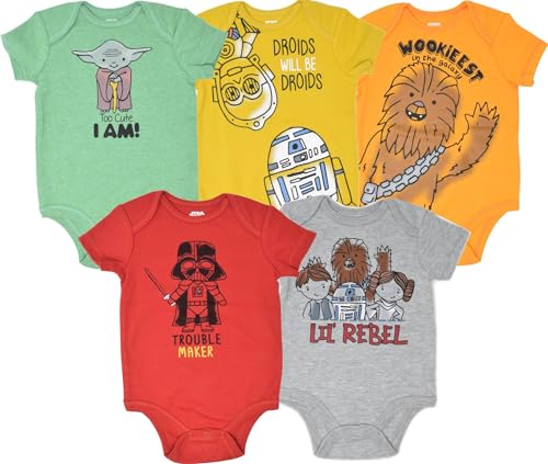 Image of STAR WARS Chewbacca C-3PO R2-D2 Darth Vader Yoda 5 Pack Short Sleeve Bodysuits Newborn to Infant