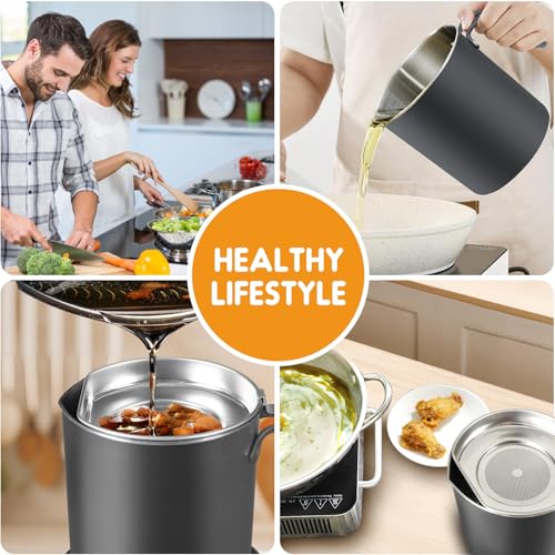 Image of Chihee Grease Container Stainless Steel 2L / 67.6 fl oz Fine Mesh Strainer | Easy to Clean Large Spout Bacon Grease Saver Cooking Oil Keeper Stoarge Can with Dust-proof Lid Non-slip Tray Kitchen Frying