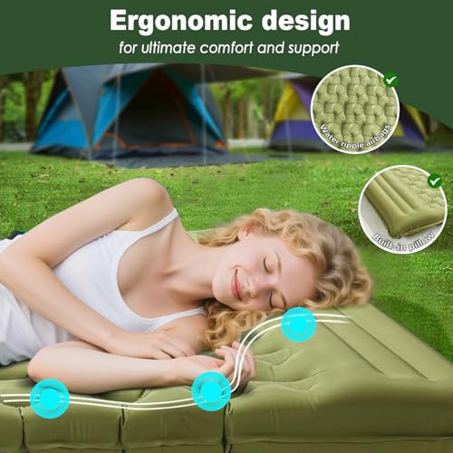 Image of Double Camping Pad 5 inch Ultra-Thick with Pillow & Built-in Foot Pump | Sleeping Mattress，Compact 2-Person Portable Camping Mat for Backpacking, Hiking, Car Traveling, Beach, Tent