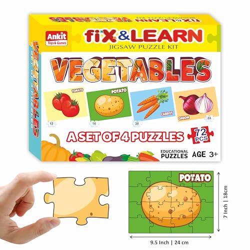 Image of Ankit Toys & Games Fix 'n' Learn Vegetables Jigsaw Puzzle for Kids | Educational and Learning Toy for Kids Age 3 and Above | Boost Memory Skills | 72 Pieces Vegetable Puzzles (Set of 4 Puzzles in Box)