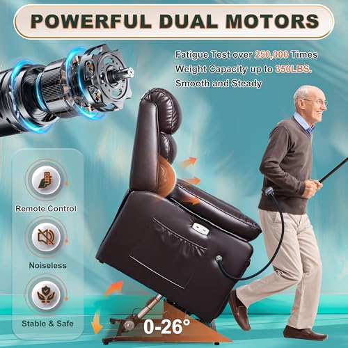 Image of Dual Motor Power Lift Recliner Chair, Medium-Wide, Brown Leather