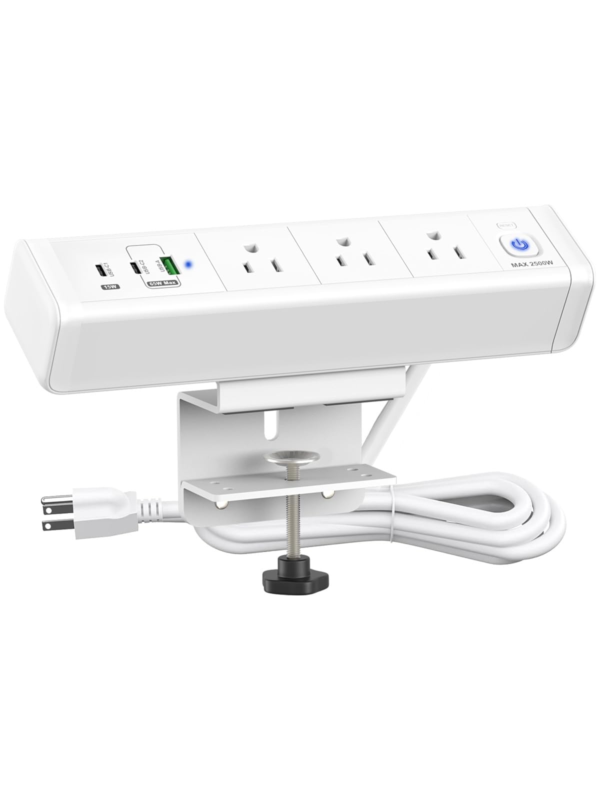 Desk Clamp Power Strip with 65W USB-C&USB A Ports 3 AC Outlet, Nightstand Edge Mount Charging Station Power Strip with USB-C Ports Tabletop Surge