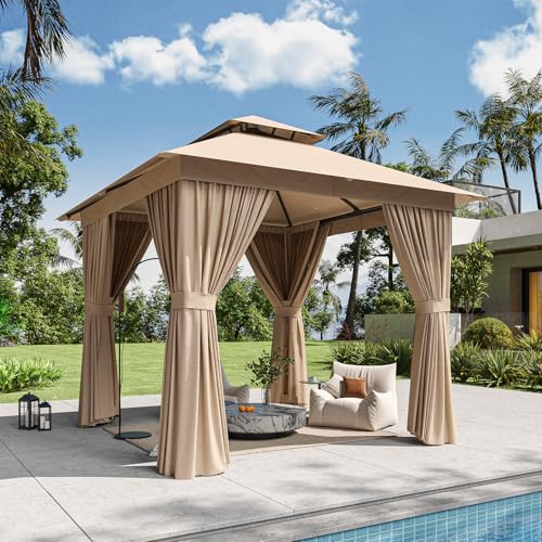 Breezestival 8x8 Gazebo Outdoor Gazebo Metal Frame Canopy with Double Roofs Heavy Duty Patio Tent Shelter with Mosquito Netting and Privacy Screen for Backyard Beige