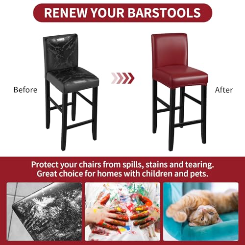 Image of YISUN Bar Stool Covers, Stretch Waterproof PU Bar Stool Slipcover Removable Washable Bar Stool Chair Covers, High Chair Cover with Elastic Bands (4 Pack, Red)