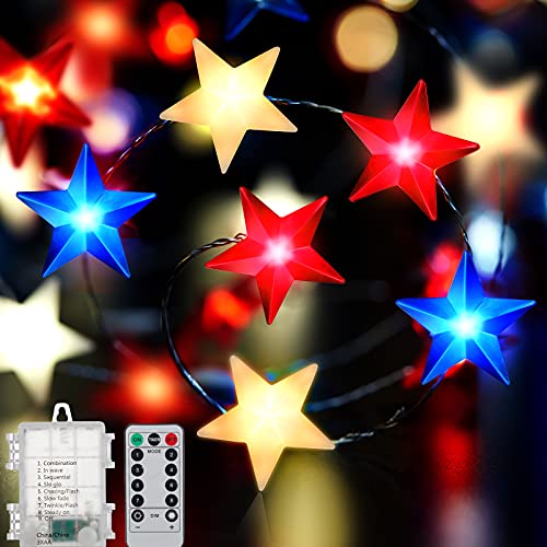 4Th Of July Lights - 16 Ft 50 Led Red White And Blue Lights Battery Operated, Patriotic Light With Remote & Timer, Star String Light For Independence Day, Memorial Day, Fourth Of July Decor (Star) #TOP25