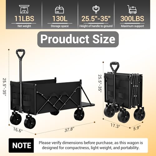 Lightweight Folding Wagon, Large Capacity Collapsible Grocery Cart on Big Wheels, Heavy Duty Foldable Shopping Carts, All-Terrain Outdoor Utility Carts for Camping, Sports, Garden, Beach, 3.5 Cu Ft by EMSLX - Image 2