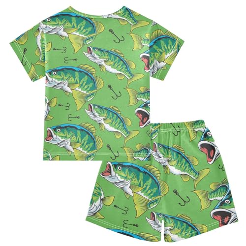 Pajama Sets Short Sleeve Large Mouth Green Bass Tuna Fish Soft Cotton Summer Sleepwear 2 Piece PJS Size 5-14T2