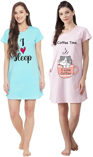 Fflirtygo Women’s Cotton Nighty | Printed Knee Length Night Gown |Relaxed Fit Nightwear |Short Nightdress| Long T-Shirt | ...