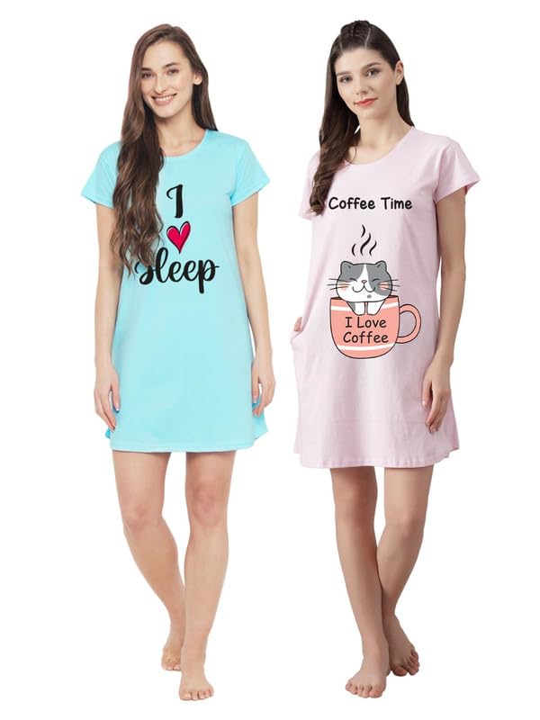 Fflirtygo Women’s Cotton Nighty | Printed Knee Length Night Gown |Relaxed Fit Nightwear |Short Nightdress| Long T-Shirt | ...