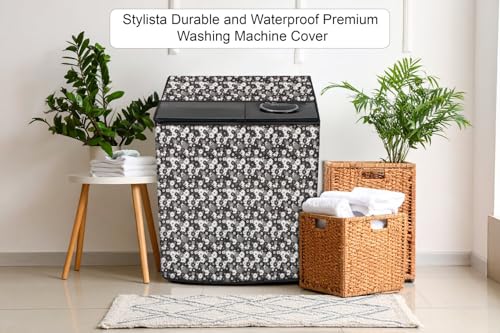 Image of Stylista Washing Machine Cover Compatible for Godrej 9 KG Semi-Automatic Top Loading WSEDGEPRO900ESLISP, Floral Pattern Grey White