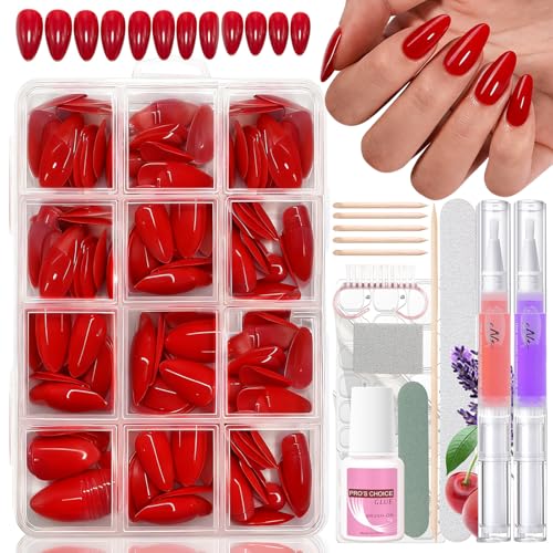 240 Stück Falsche Nägel Zum Aufkleben, Rot Oval Französisch Kurze Künstliche Fingernägel Kit mit 2 Pcs Nagelöl Stift - Full Cover Fake Nails softgel Natürliches & Angenehmes für DIY (Red Short Almond)