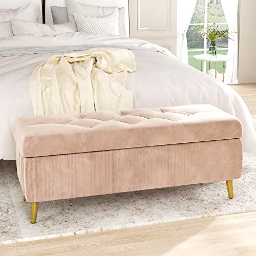 Awqm Tufted Storage Ottoman Bench,Velvet Upholstered Storage Bench With Button,Flip Top,Perfect For Living Room,Entryway,Bedroom,47.24", Light Pink #TOP5
