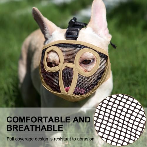 Image of Short Snout Dog Muzzles- Adjustable Breathable Mesh Bulldog Muzzle for Biting Chewing Licking Training Grooming Dog Mask (Khaki, X-Large / 18 inch-25 inch)
