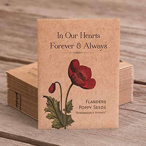 in Our Hearts Forever and Always  Remembrance Flanders Poppies  | 25 Individual Red Flanders Poppy Seed Packet Favors | Non GMO | Already Filled | Bulk Pack of 25