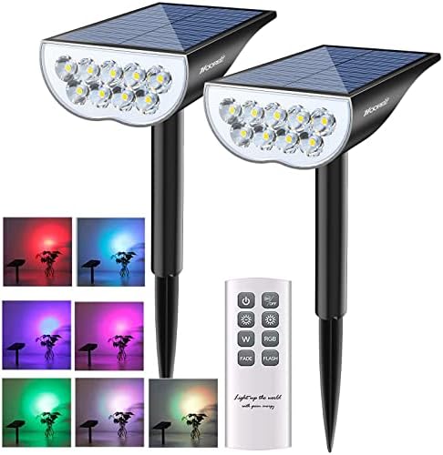 HOOREE Solar Spotlight Outdoor Waterproof 16 Lighting Modes Bright Spotlights RGB Colors Changing Landscape Lights with Remote Control Auto Solar Blink Lights Lawn Yard Garden（2 Pack 7 Color Changing
