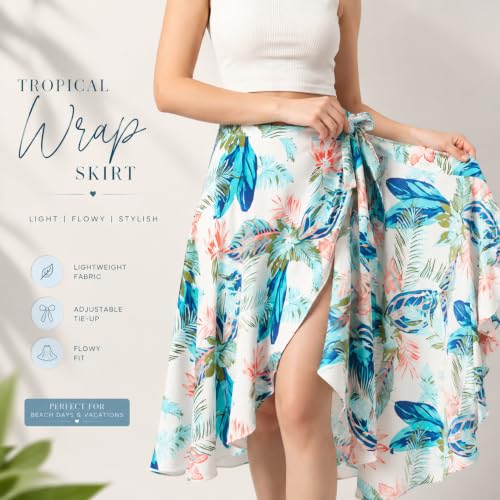 Image of Women's Floral & Animal Print Wrap Skirt - Midi Length A-Line Summer Skirt with Side Tie-Up, Tropical Cheetah Tiger Casual Beach Wear