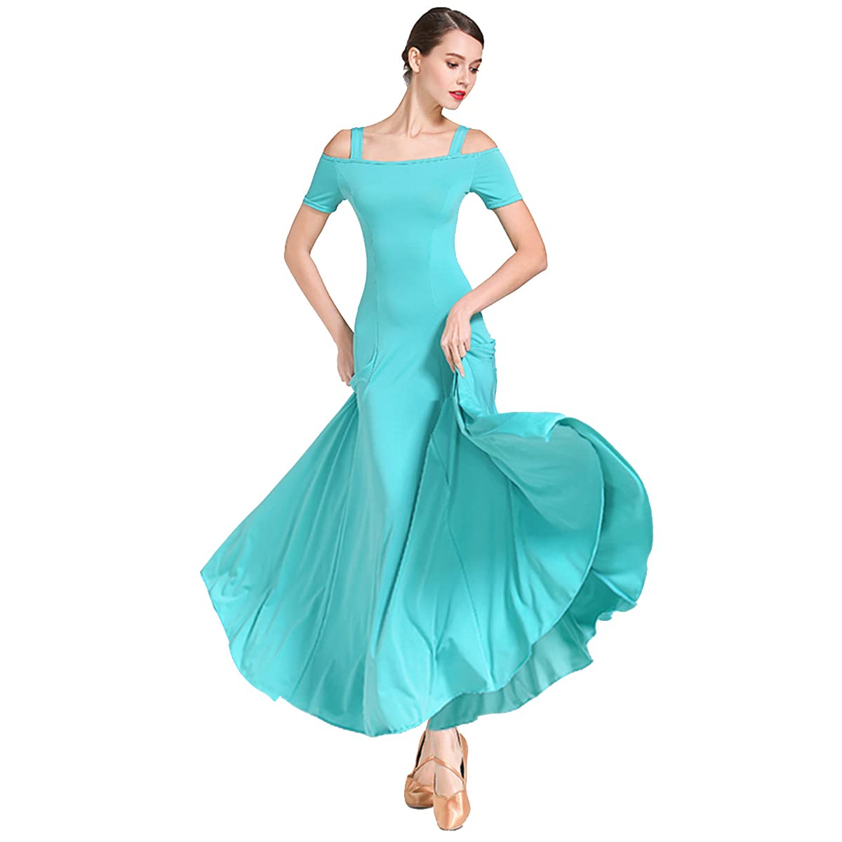 Kobieta? moda seksowna sukienka na ramię solidna długa sukienka na imprezę elegancka sukienka nowoczesna walc ubrania do tańca balowego taniec duża spódnica swingowa odzież performance (XL, zielona)