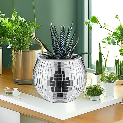 Pot De Fleurs Disco En Verre, Miroir Argenté, Support De Plante Disco, Vase à Boule Disco, Décoration Moderne En Plastique Pour Intérieur Et Jardin, 14 X 15 Cm