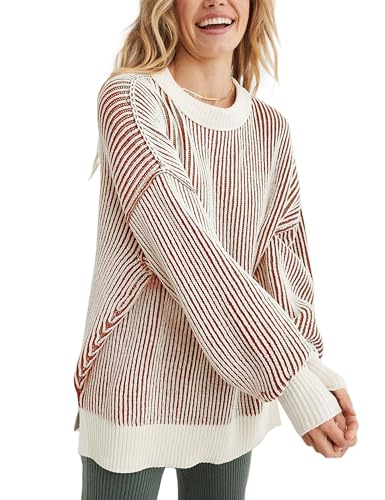 Image of Beyond Chenille Sweater for Women 2026 Winter Crew Neck Pullover Sweater Color Block Knit Tops