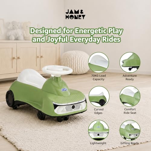 Image of Amazon Brand - Jam & Honey Ride-On Swing Car for Kids 12 Months+ | Premium Design with Stable Overhang Base | PU Wheels | Supports up to 100 kg | Indoor & Outdoor - Green