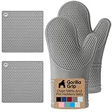 GORILLA GRIP BPA-Free Soft Silicone Oven Mitts and Pot Holders Sets of 4, Heat Resistant Waterproof Cooking Gloves, Thick Cotton Lining, Flexible Gripping for Baking Grilling, Kitchen Trivets, Gray