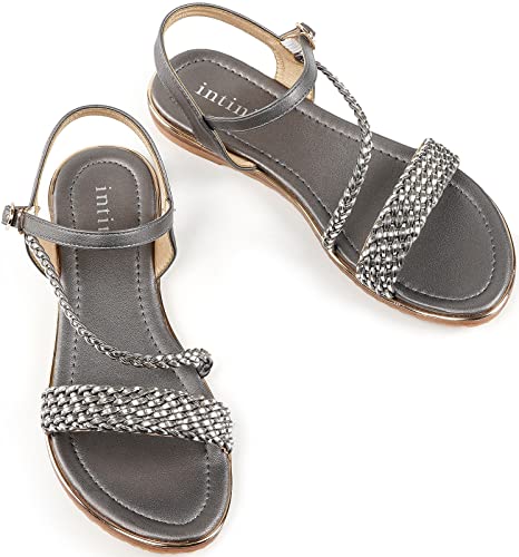 Intini Womens Casual Strappy Sandals Flexible One Band Open Toes Ankle Strap Summer Flat Sandals Grey. Size 8 M Us. 40 Eu #TOP1
