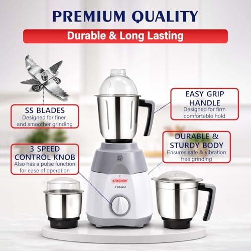 Image of Kanchan Tiago Mixer Grinder 750 watt - Stainless Steel Jars for Wet & Dry Grind & Blend (Chutney, Juice, Puree, Batter, Masala)- Heavy Duty Motor Mixi Grinder, 5 Year Warranty, ISI Certified (3 Jar)