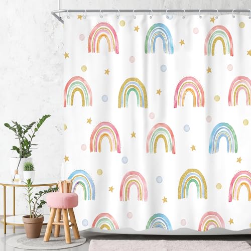 Image of Kids Shower Curtain Rainbow Bathroom Curtain Sets | free plastic hooks，waterproof，machine washable