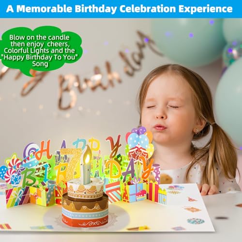 Image of Gumry 7th Pop-Up Musical Birthday Card with Blowable LED Candle for Kids