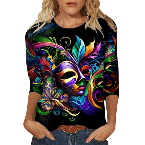 T-Shirt À Manches 3/4 pour Femme avec Col Rond Masque Imprimé Hauts Lâche Classique Stretch Carnaval Tee Shirt Élégant Ajusté Célébrations Top Décontracté Party Basic T-Shirts
