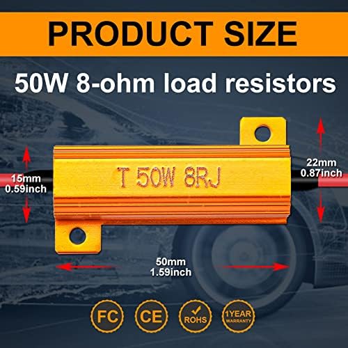 KATUR 4pcs 50W 8ohm LED Load Resistors for LED Turn Signal Lights or LED License Plate Lights or DRL (Fix Hyper Flash, Warning Cancellor) with 8pcs Quick Wire Clip