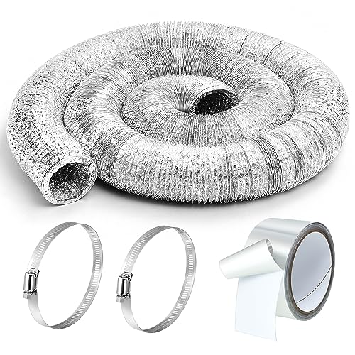 Zonon Feet Dryer Vent Hose Flexible Aluminum Foil Ducting Non Insulated with Stainless Steel Clamps and Aluminum Tape for Pipe, HVAC Heating Cooling Ventilation and Exhaust (4 Inch x 50 Feet)