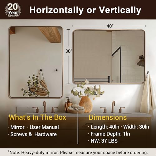 Image of ANDY STAR Large 30x40'' Brushed Champagne Bronze Bathroom Vanity Mirror, Rounded Rectangle Mirrors for Bathroom, Elegant Oblong Mirrors for Over Sinks in 1'' Rustproof Tube Metal Framed Wall Mounted