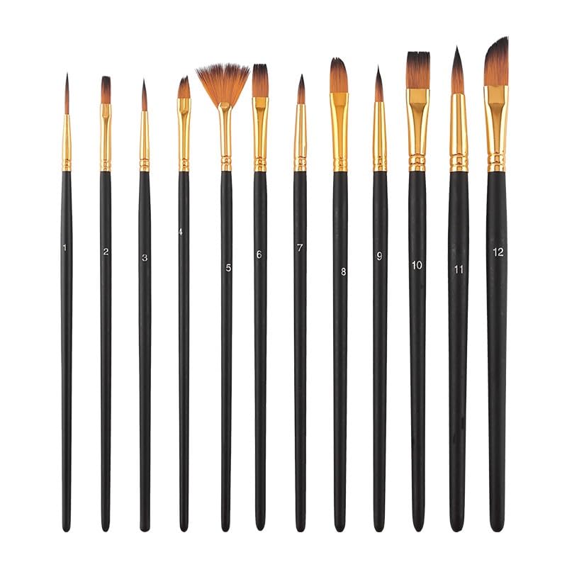 Ensemble De 12 Pinceaux en Nylon, Pinceaux en Bois Massif pour Peinture Acrylique, pour Artistes Et Étudiants.