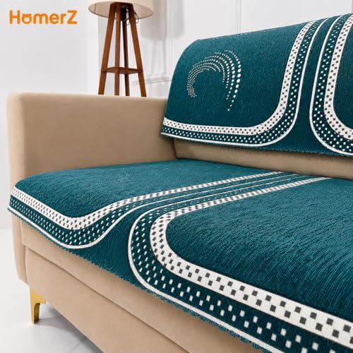 Image of Homerz Premium Chenille Fabric Sofa Cover | Soft, Durable & Dustproof | Decorative Couch Cover (Ghoomar Teal, 5 (3+1+1) Seater, Seat Cover with Backrest)