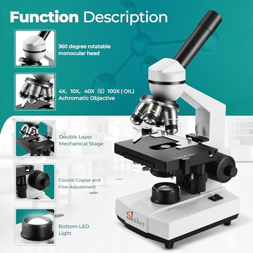 Image of Sinher XSP-104 Profesional Science Compound Monocular Microscopes 40X-1600X for Adults Student Kids 8-12,with Microscope Slides, Microscope Kit for School Lab Home Education