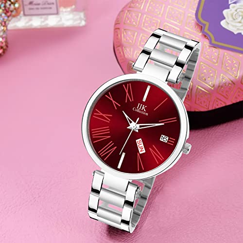 Image of IIK COLLECTION Watch for Women Round Studded Dial |Day and Date Quartz Movemnet |Long Battery Life|Stainless Steel Bracelet Chain Strap|Double Lock Clasp Safety Watches for Girls