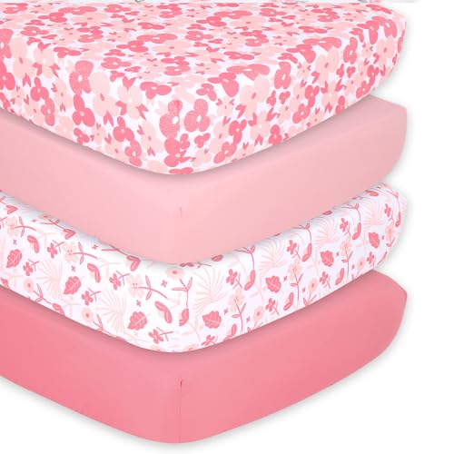 Image of The Peanutshell Crib Sheets for Girls, Fitted Baby Bed Sheet Set, Standard Size Crib Mattress, 52x28, Floral Daisy Nursery Decor, 4 Pack in Floral, Solid Pink, Peach, Rose, Coral Watercolor