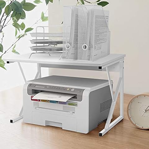 BOJU Home Office 2 Tier Unit Storage Display Stand White Kitchen Microwave Countertop Oven Rack Office Desktop Printer Rack Shelves Free Standing Metal Frame Wood Tabletop Cover