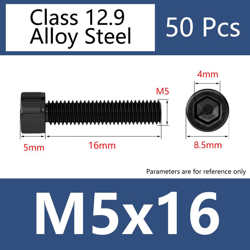 MOOPW Class 12.9 Alloy Steel Cylindrical Head Hexagon Socket Cap Bolts Cup Head Internal Hex Screws High Strength Machine Bolts Fasteners M5 x 16mm 50 pcs