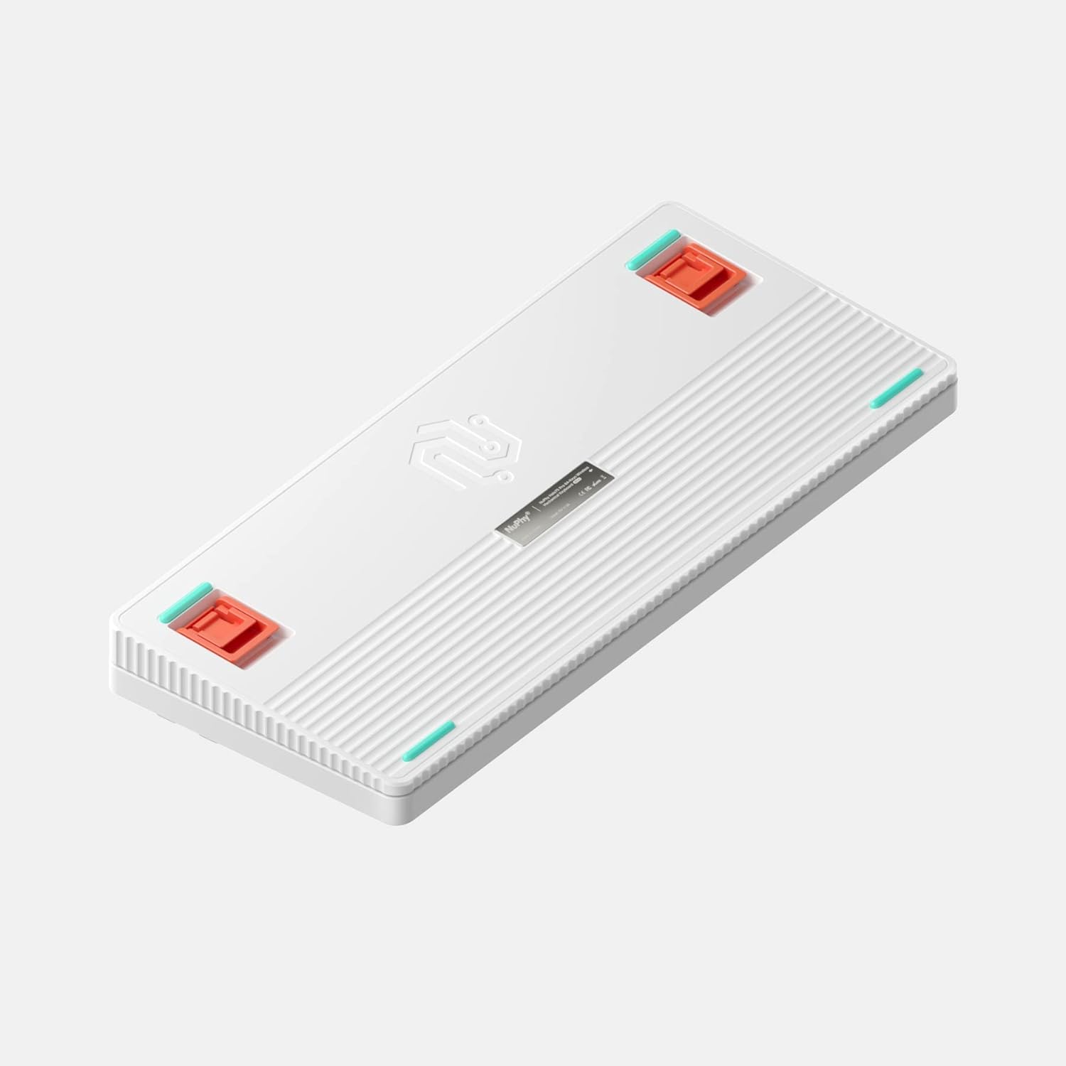 Bottom view of nuphy Halo75 keyboard showing adjustable red feet and rubber pads.