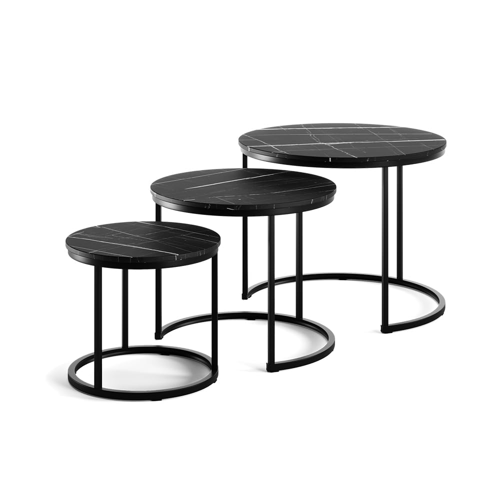 Vicco Set di tavolini da caffè Montreal, Marmo nero, 55 x 55 cm 3 parti, salvaspazio, pieghevole e combinabile in modo versatile